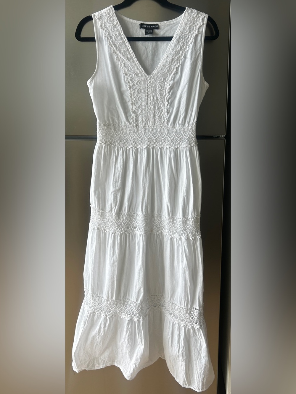 White Cotton Lace Midi Dress Boho Tiered Smocked Waist Sleeveless Size Small